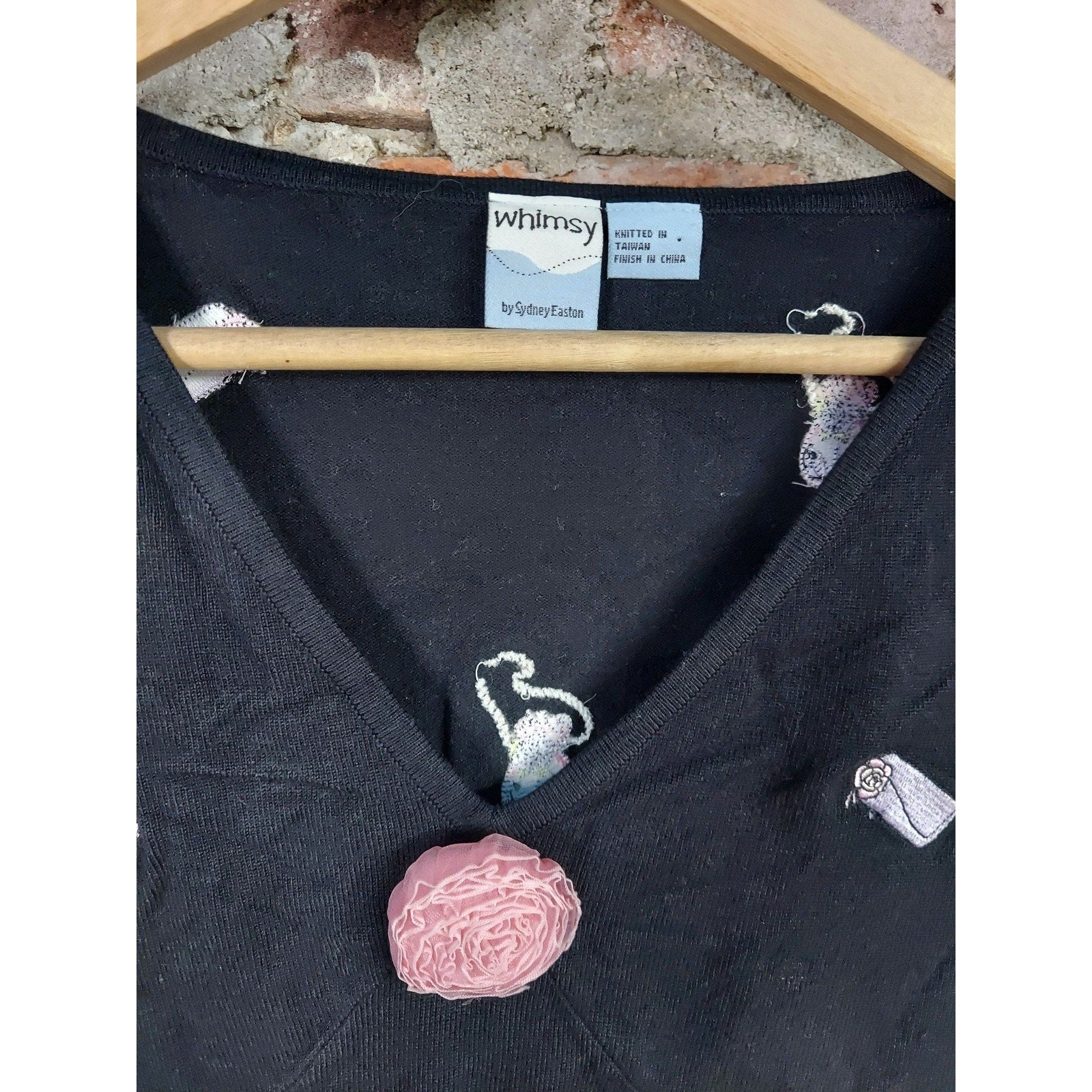 Whimsy by Sydney Easton Womens Top L Black V Neck Short Sleeve Rosette