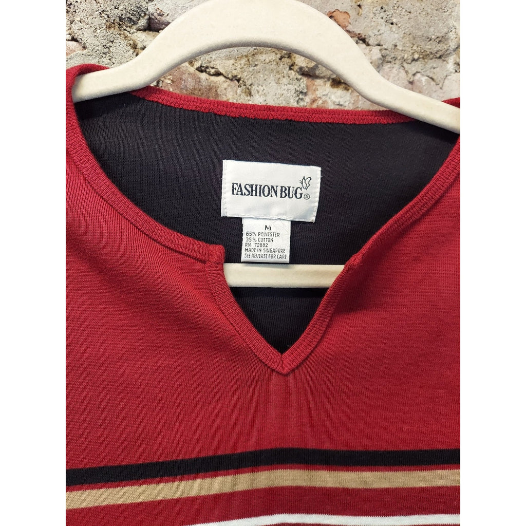 Fashion Bug Womens Long Sleeve Shirt M Red Stripe V Neck Cotton Polyester