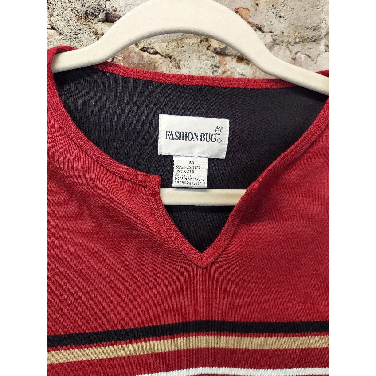 Fashion Bug Womens Long Sleeve Shirt M Red Stripe V Neck Cotton Polyester