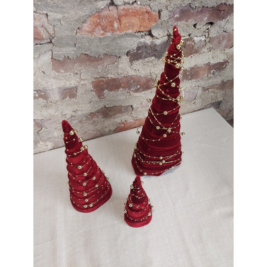 Christmas Trees Red Velvet Gold Beaded Set of 3 Tabletop Holiday Decor
