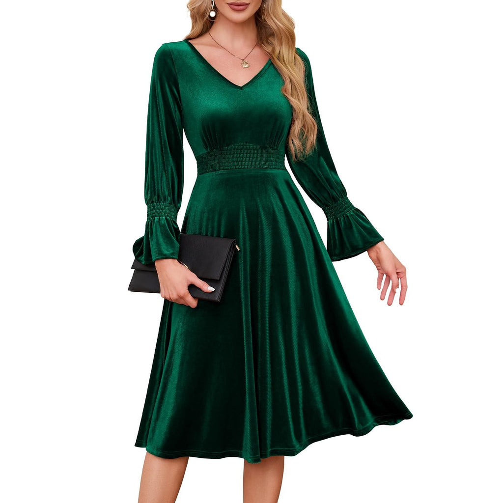 MeetJen Womens XL Emerald Green Velvet V Neck Long Sleeve Midi Dress Cocktail