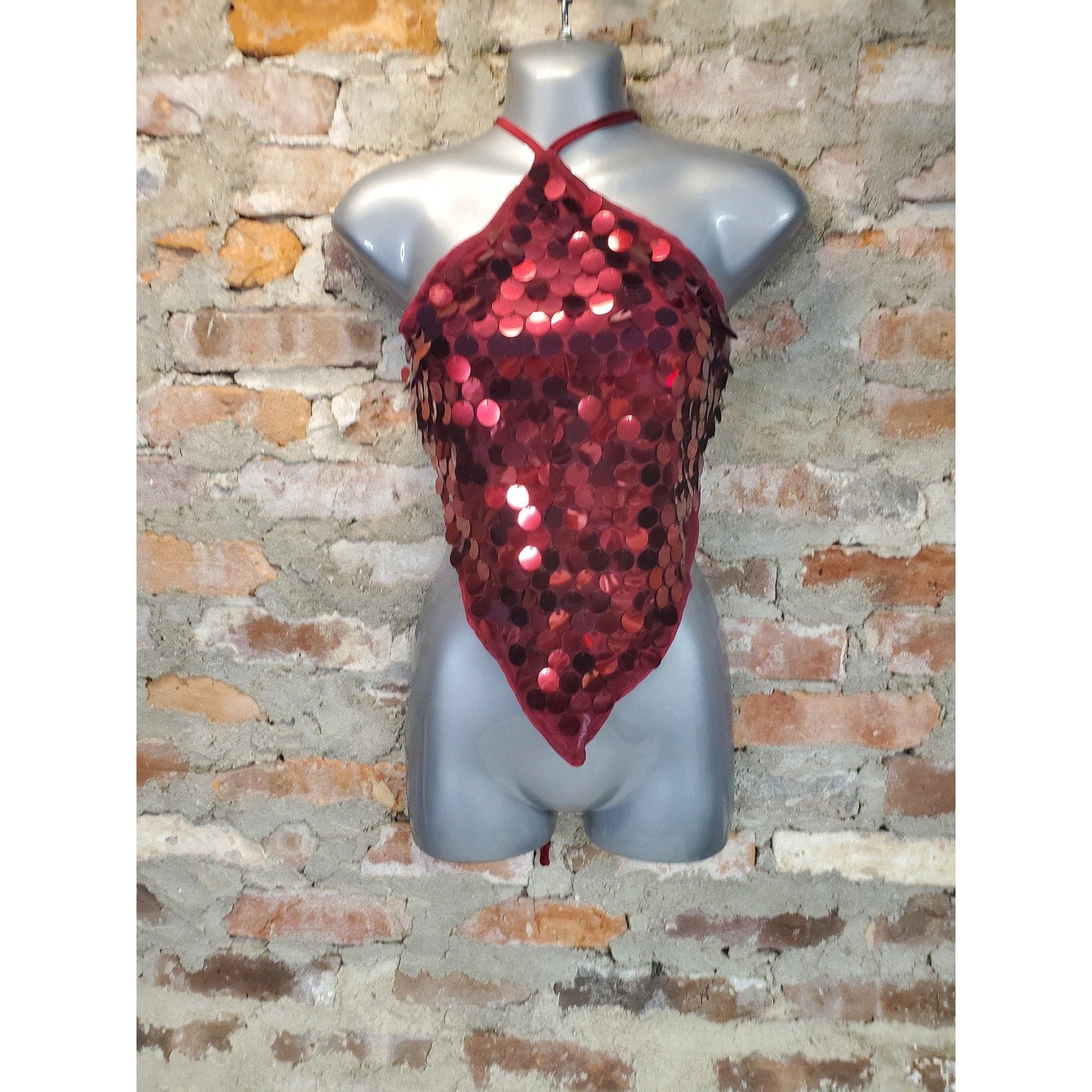 SweatyRocks Womens Sequin Halter Top Scarf Crop Adjustable Tie Back Red Size S