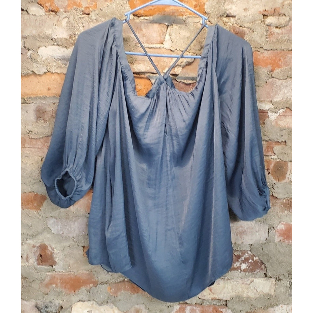 Womens Sz L Off Shoulder Blouse Top Puff Sleeve Slate Blue Satin Silky