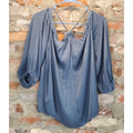 Womens Sz L Off Shoulder Blouse Top Puff Sleeve Slate Blue Satin Silky