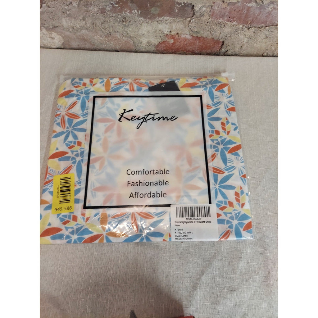 Keytime Womens Nightgown Large Blue Orange Floral Print Long Sleeve