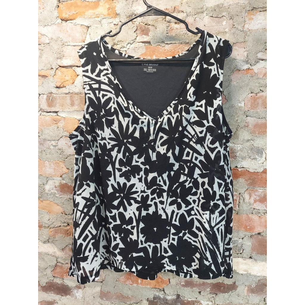 Lane Bryant Womens Tank Top Size 18/20 Black White Floral Abstract V Neck