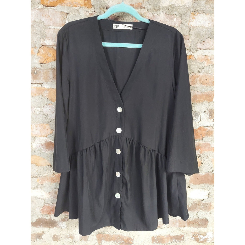 Zara Womens Peplum Blouse M Black Button Front Long Sleeve Flowy Tunic Top