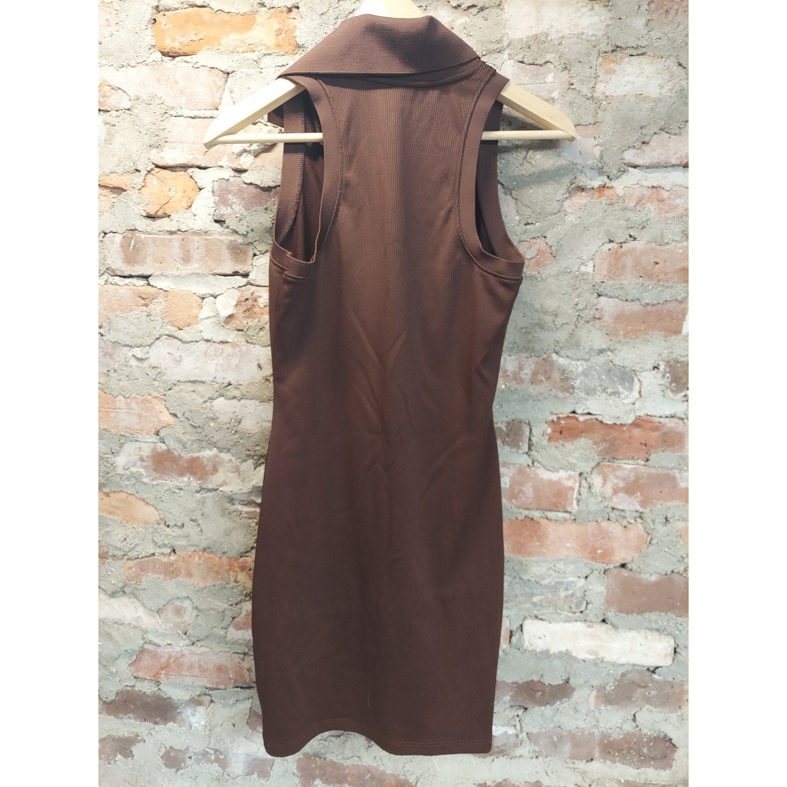 H&M Womens Dress S Brown Ribbed Collared Sleeveless Button Front Mini Bodycon