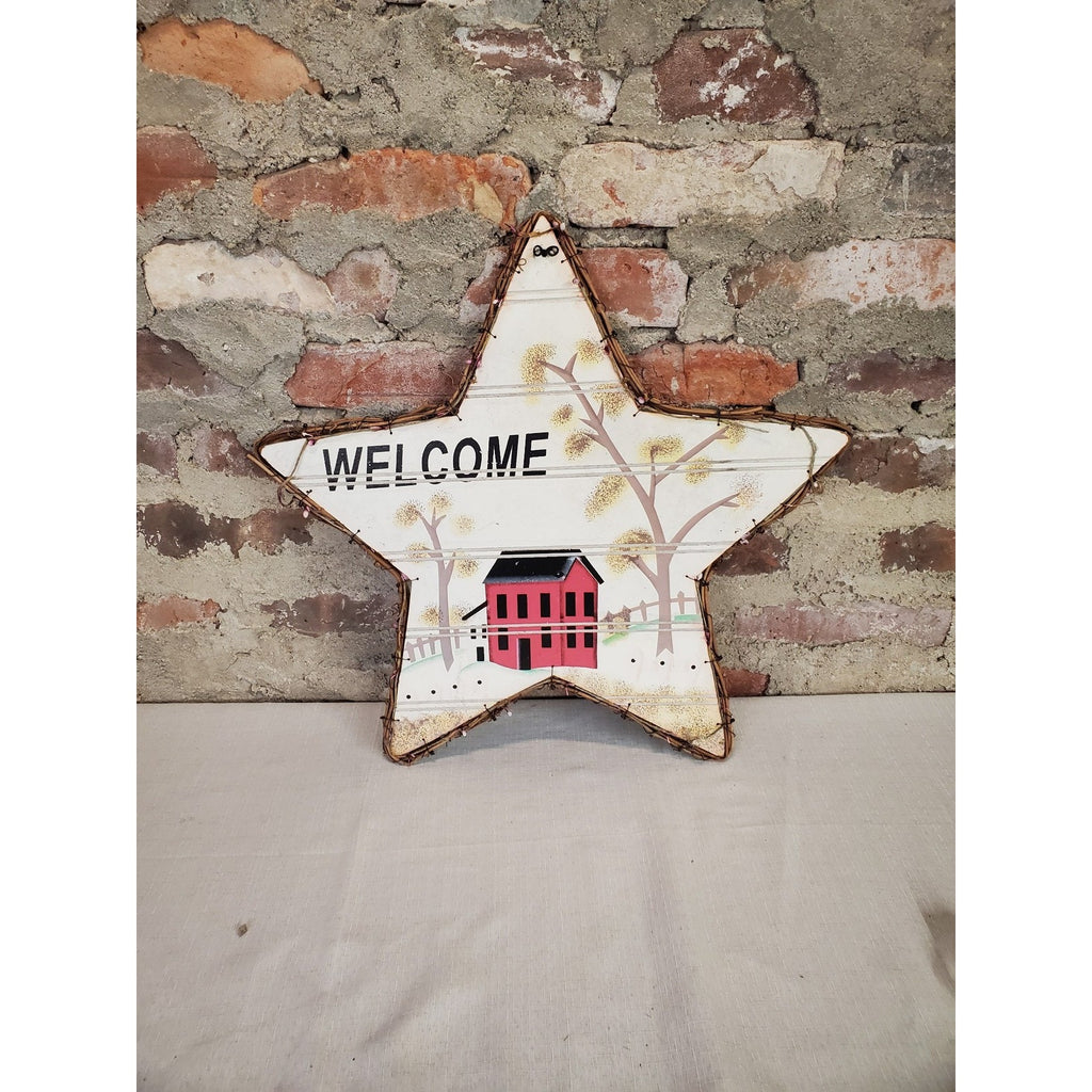 Welcome Sign Star Farmhouse Country Rustic Wall Decor Wooden Twig Red House
