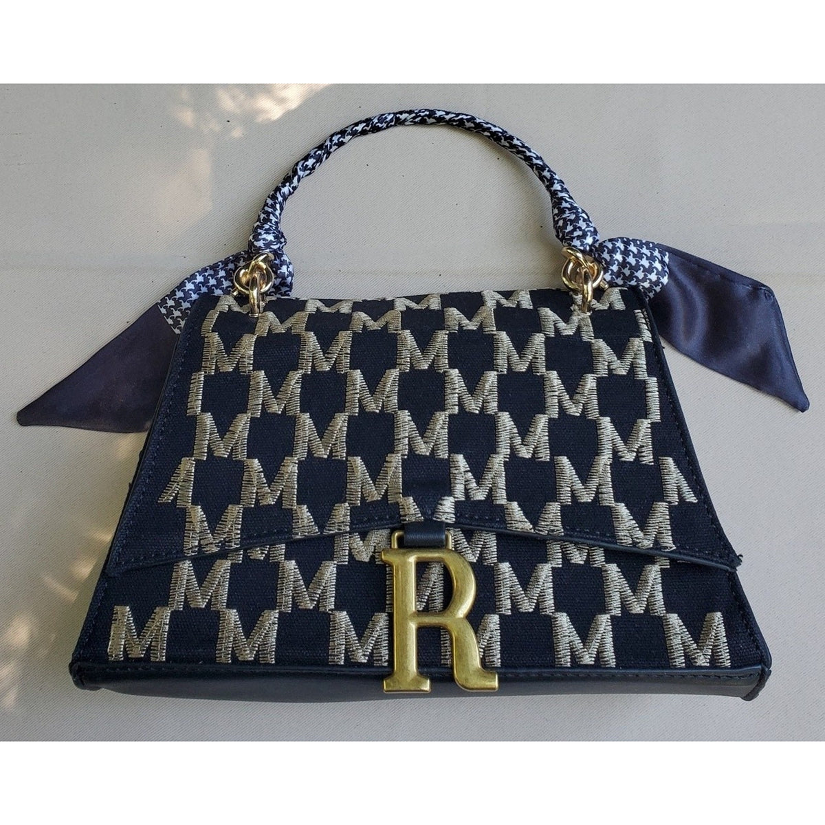 Womens Handbag Satchel Monogram Pattern R Hardware Navy Gold Scarf Detachable