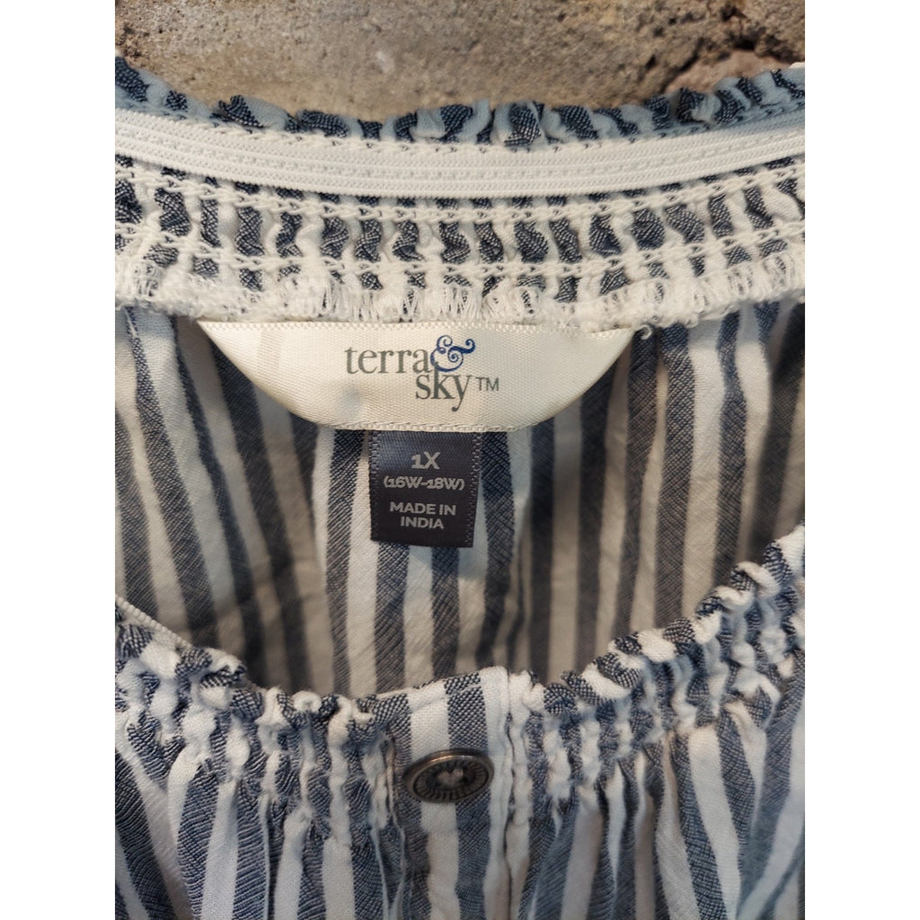 Terra & Sky Womens Plus Smocked Peasant Blouse 1X 16W Blue White Striped Ruffle