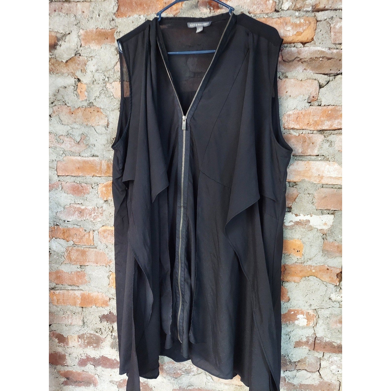KATE & MALLORY Womens 2X Black Full Zip Sleeveless Tie Front Plus Size Tunic Top