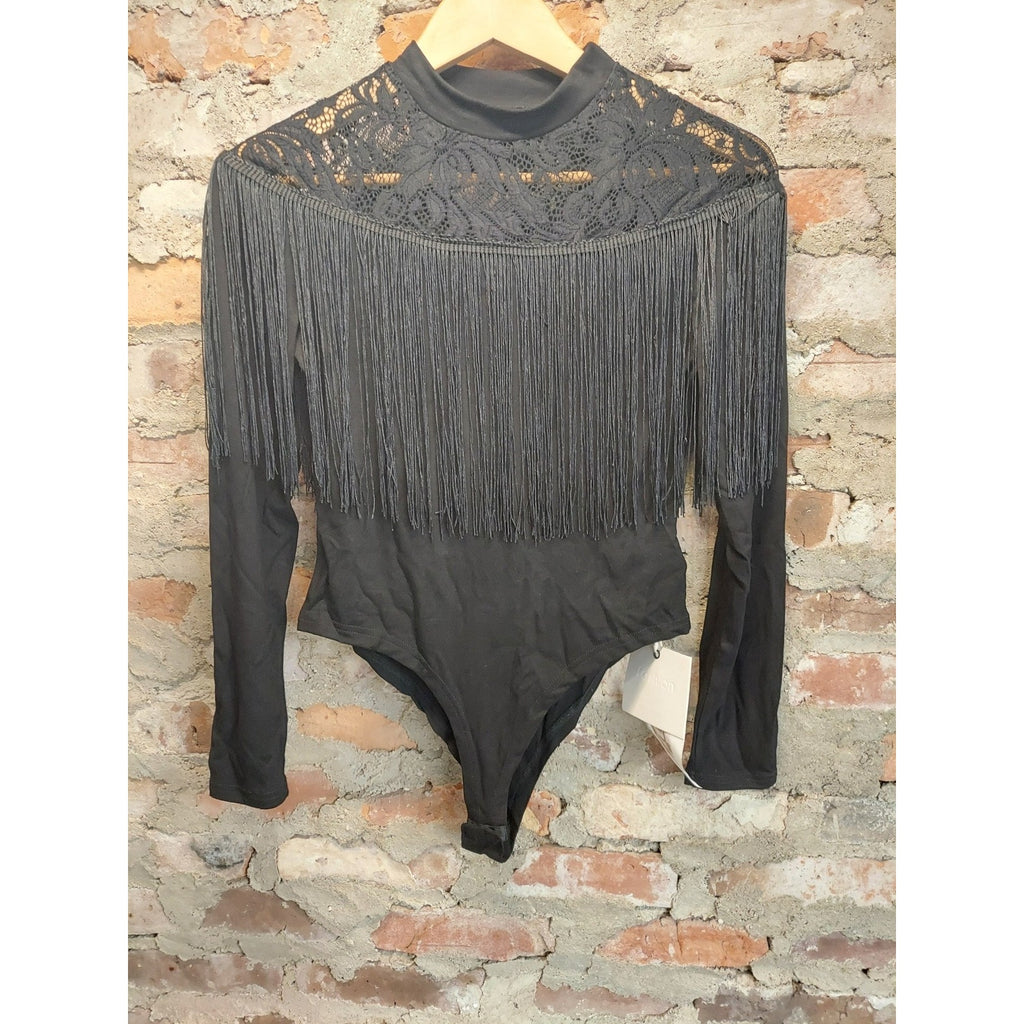 Womens Bodysuit Black Fringe Lace Mock Neck M Long Sleeve Western