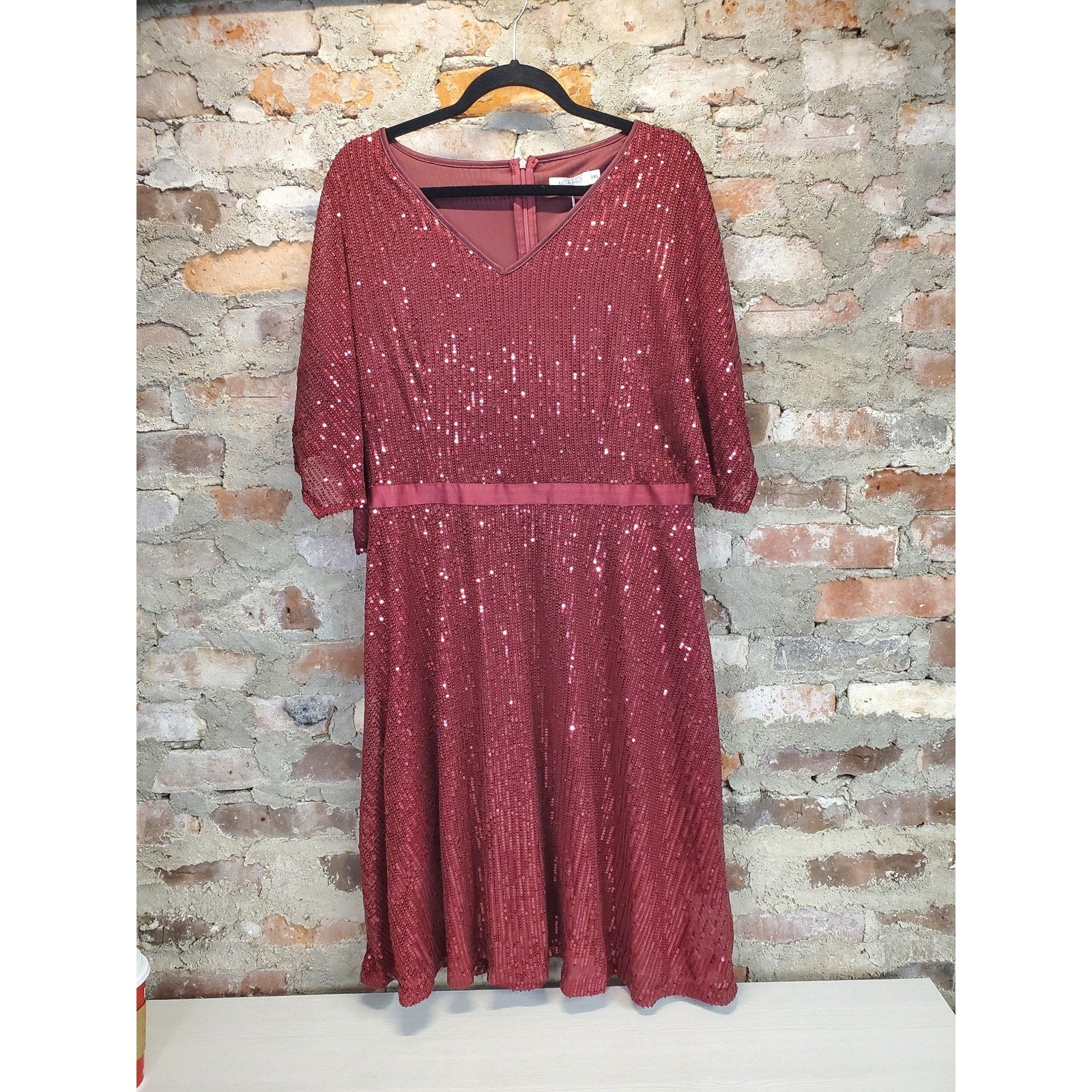 Wedtrend Womens Dress 2XL Burgundy Sequin V Neck Flutter Sleeve Party A-Line