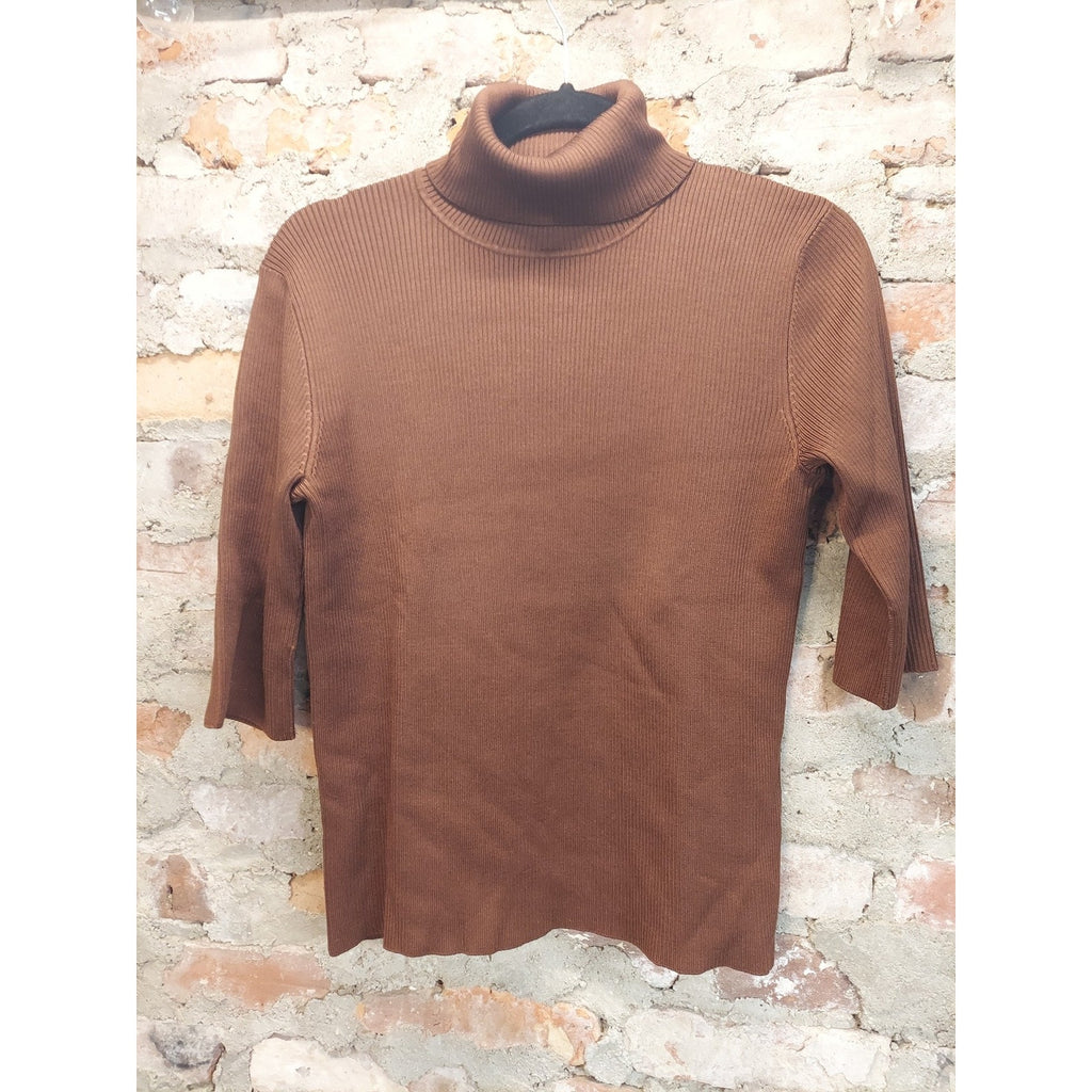 Lauren Ralph Lauren Womens Turtleneck Sweater M Brown Ribbed 3/4 Sleeve Silk