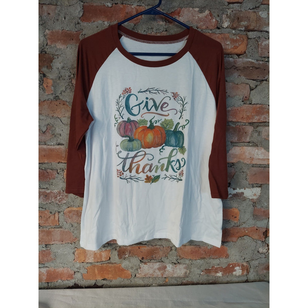 Womens XL Raglan T Shirt Give Thanks Pumpkin Graphic Fall Thanksgiving White