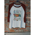 Womens XL Raglan T Shirt Give Thanks Pumpkin Graphic Fall Thanksgiving White