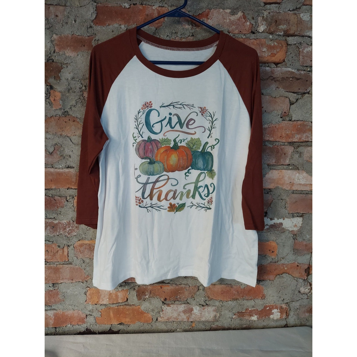 Womens XL Raglan T Shirt Give Thanks Pumpkin Graphic Fall Thanksgiving White