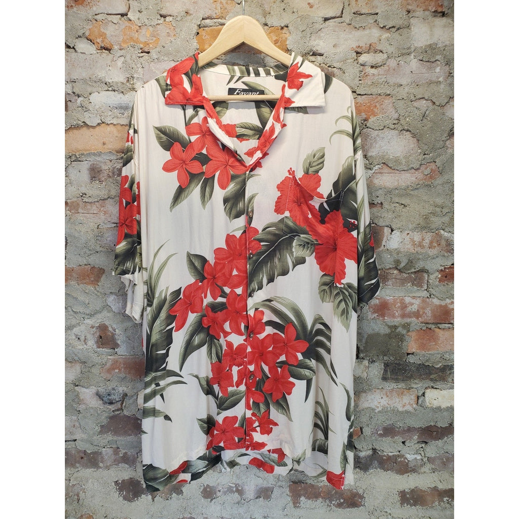 Favant Mens Hawaiian Shirt XXL White Red Floral Rayon Designed Hawaii