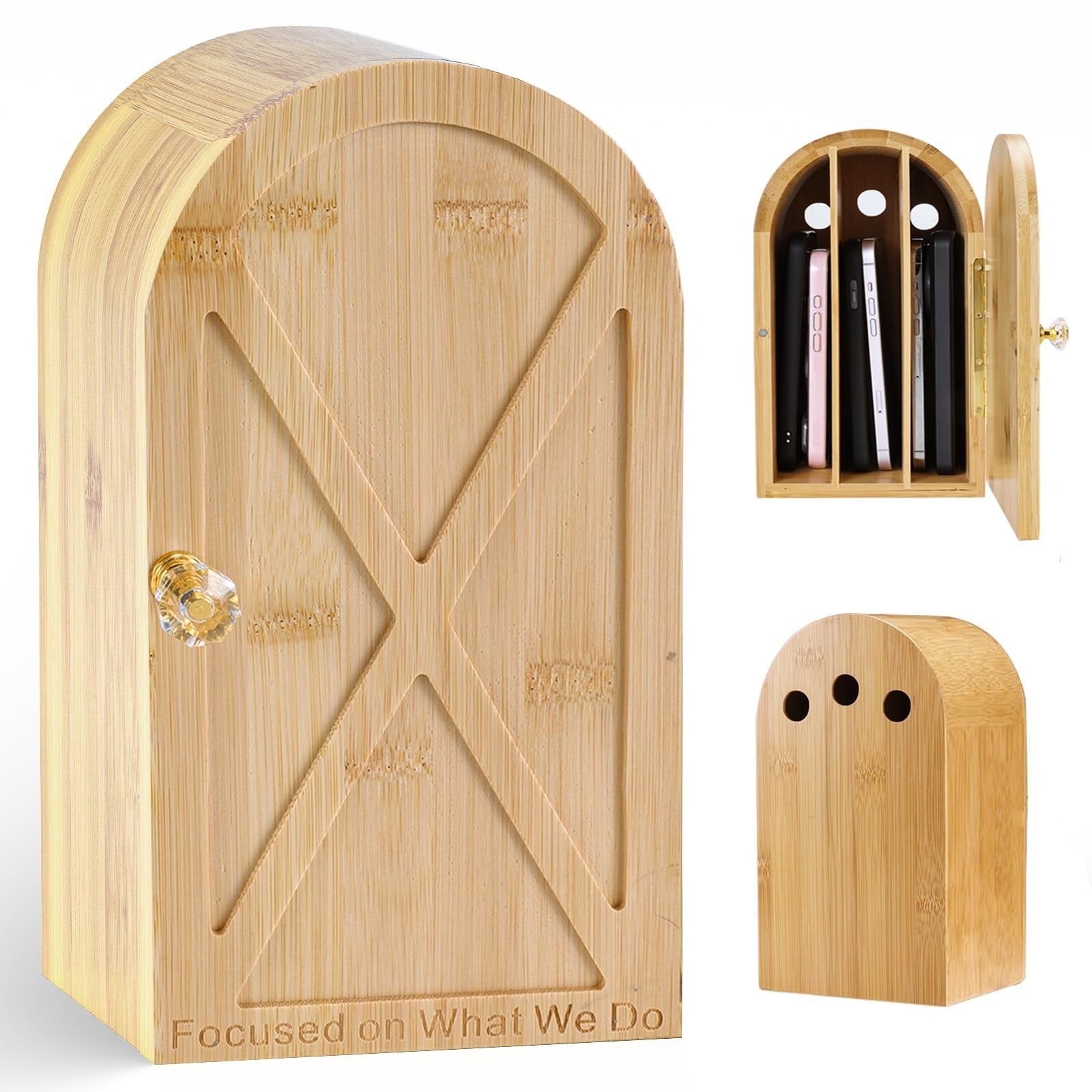 Bamboo Phone Storage Box Arched Door Cell Phone Organizer Digital Detox