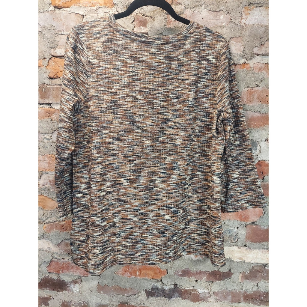 Jones New York Womens Top L Multicolor Ribbed Knit 3/4 Sleeve Button Shoulder