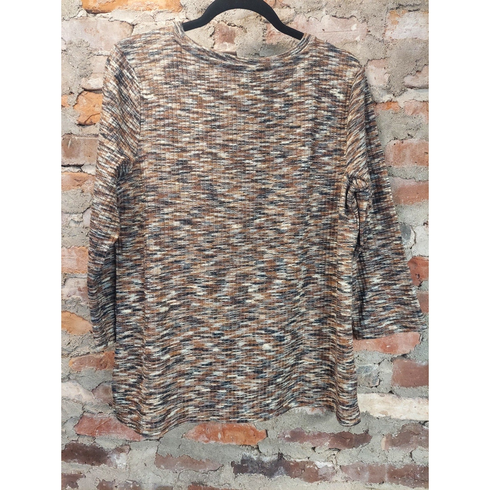 Jones New York Womens Top L Multicolor Ribbed Knit 3/4 Sleeve Button Shoulder
