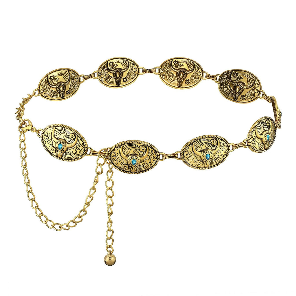 Womens Western Chain Belt Bull Skull Longhorn Turquoise Gold Tone Metal