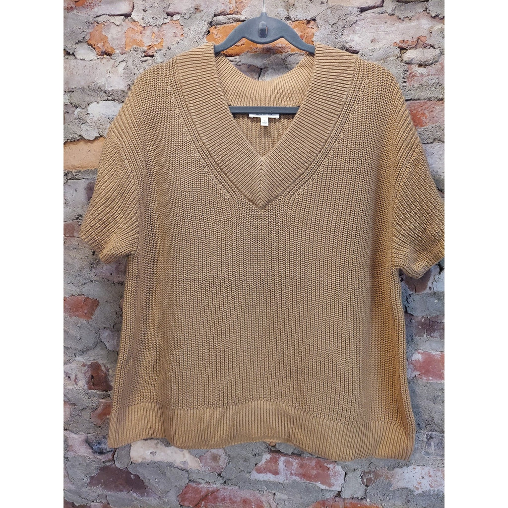 Haven Well Within Womens Short Sleeve V Neck Sweater XL Tan Ribbed Knit Pullover