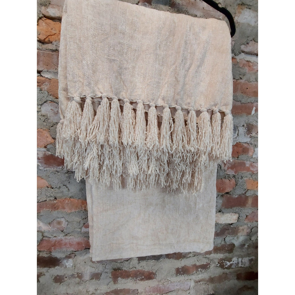 Cream Beige Tassel Throw Blanket 58x60" Fringed Decorative Farmhouse Boho SOFT