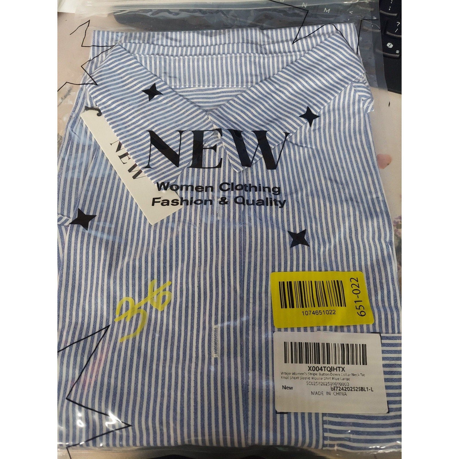 Womens Blue White Striped Knot Front Blouse Shirt Short Sleeve Collared L New