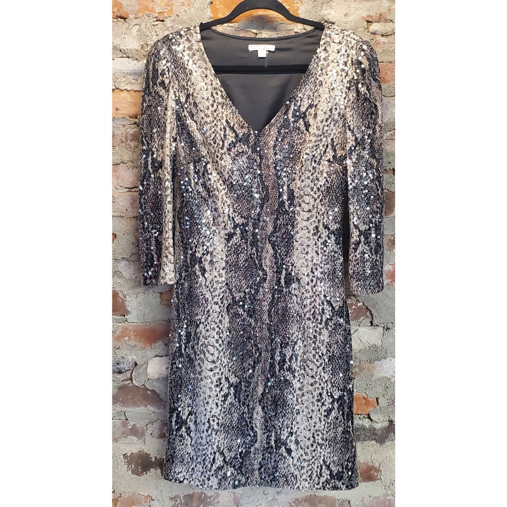 Alberto Makali Womens Dress Size 12 Snakeskin Sequin V Neck 3/4 Sleeve Party