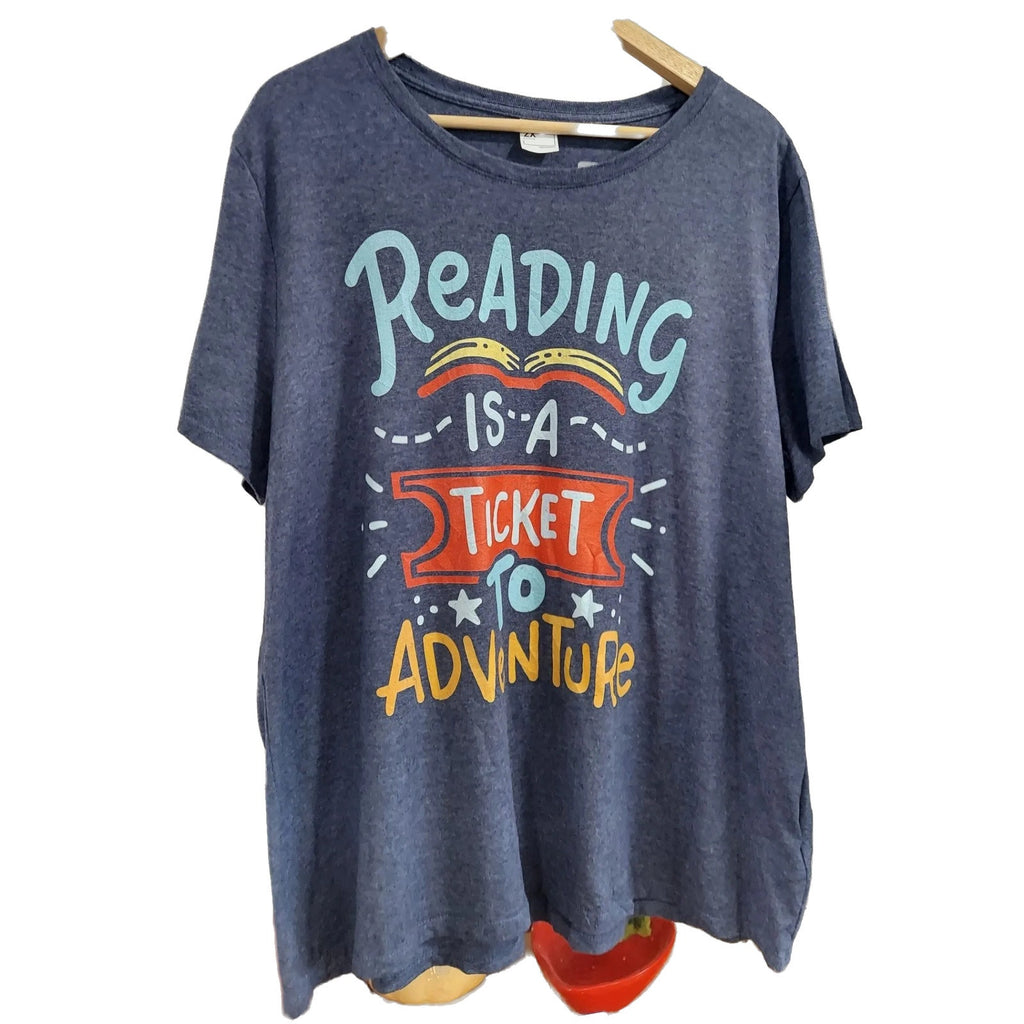 Womens Reading T-Shirt Size 2X Graphic Tee Book Lover Teacher Blue Top