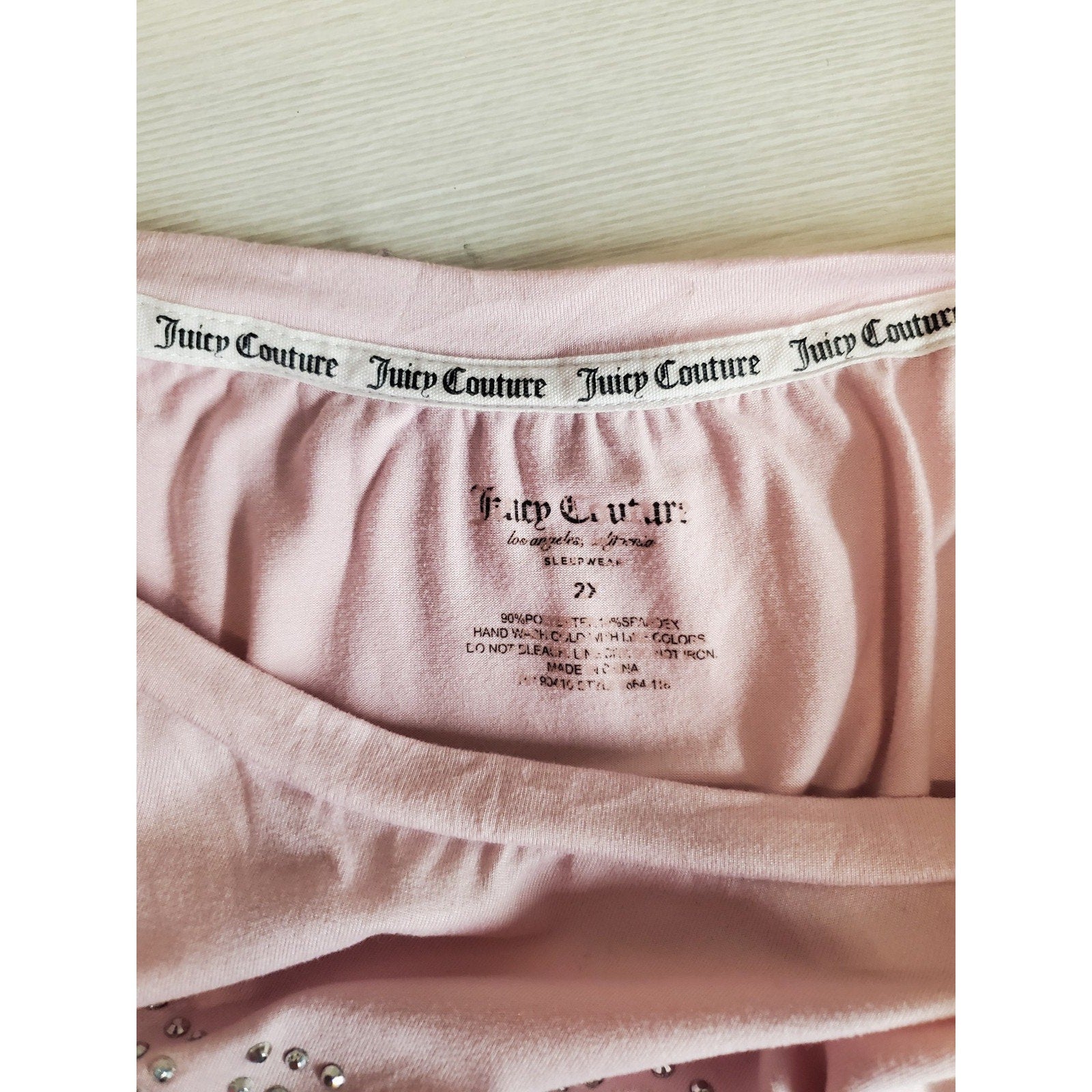 Juicy Couture Womens T Shirt 2X Pink Rhinestone Studded Sleepwear Crew Neck