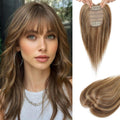 FlufyMooz Human Hair Topper Clip In Bangs Fringe Brown Blonde Highlights 10"