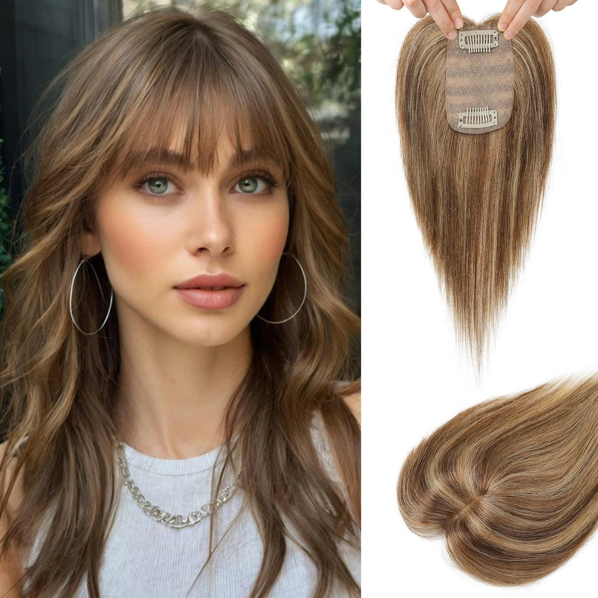 FlufyMooz Human Hair Topper Clip In Bangs Fringe Brown Blonde Highlights 10"