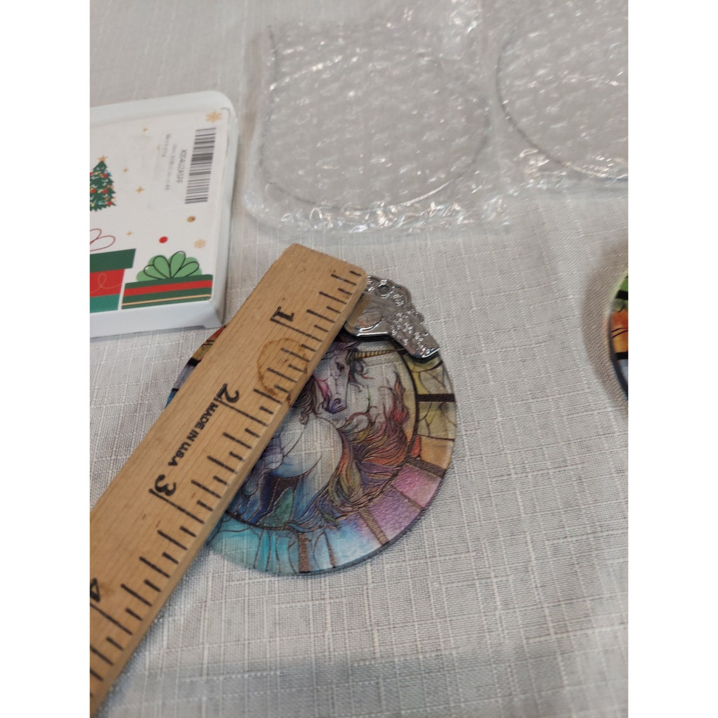 Unicorn Stained Glass Style Christmas Ornaments Set of 2 Fantasy Hanging Decor
