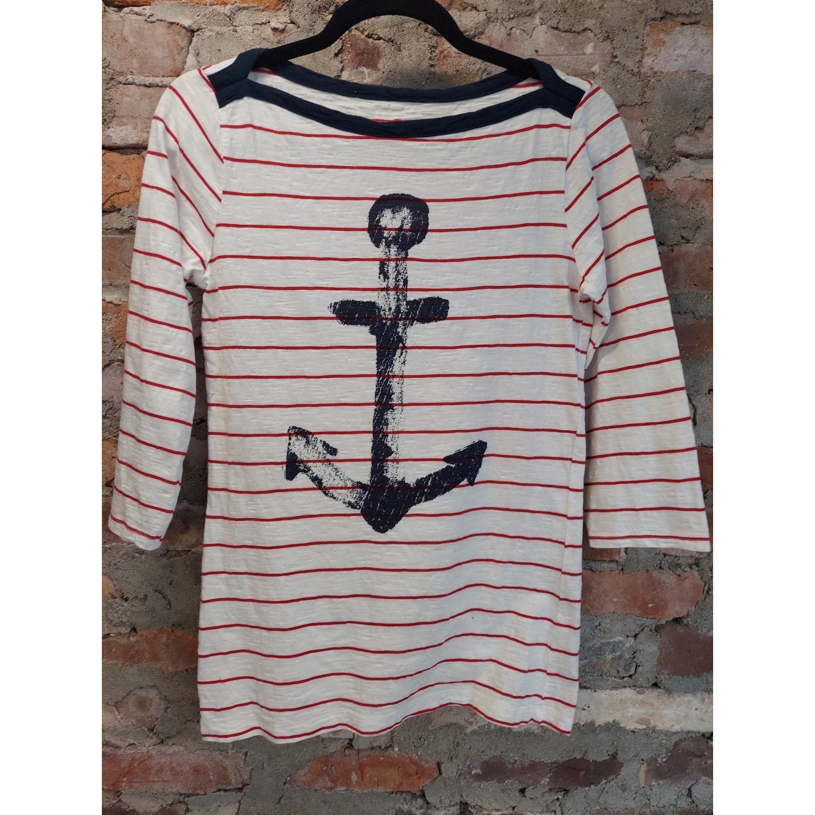 Hatley Womens Breton Top S White Red Navy Anchor Graphic Striped 3/4 Sleeve
