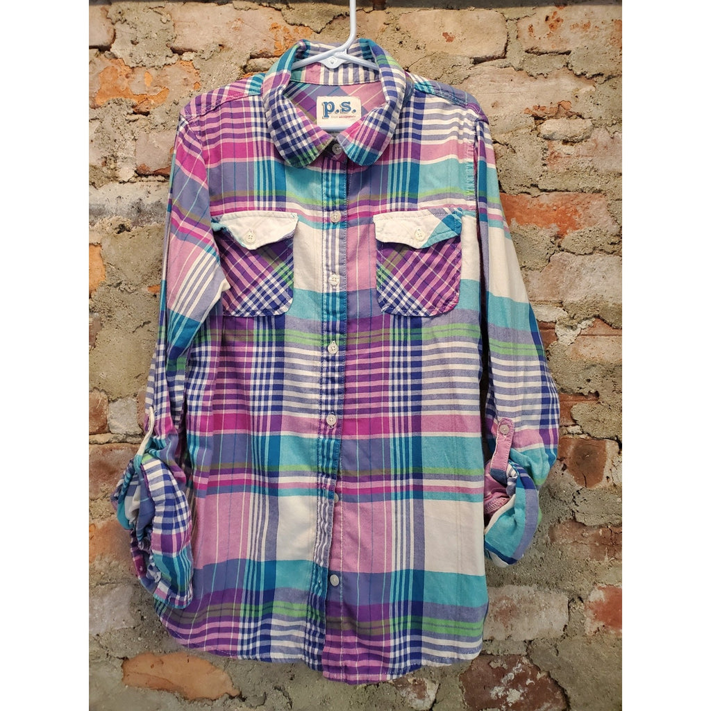 PS Aeropostale Girls Plaid Button Up Shirt 14 Multicolor Roll Tab Long Sleeve