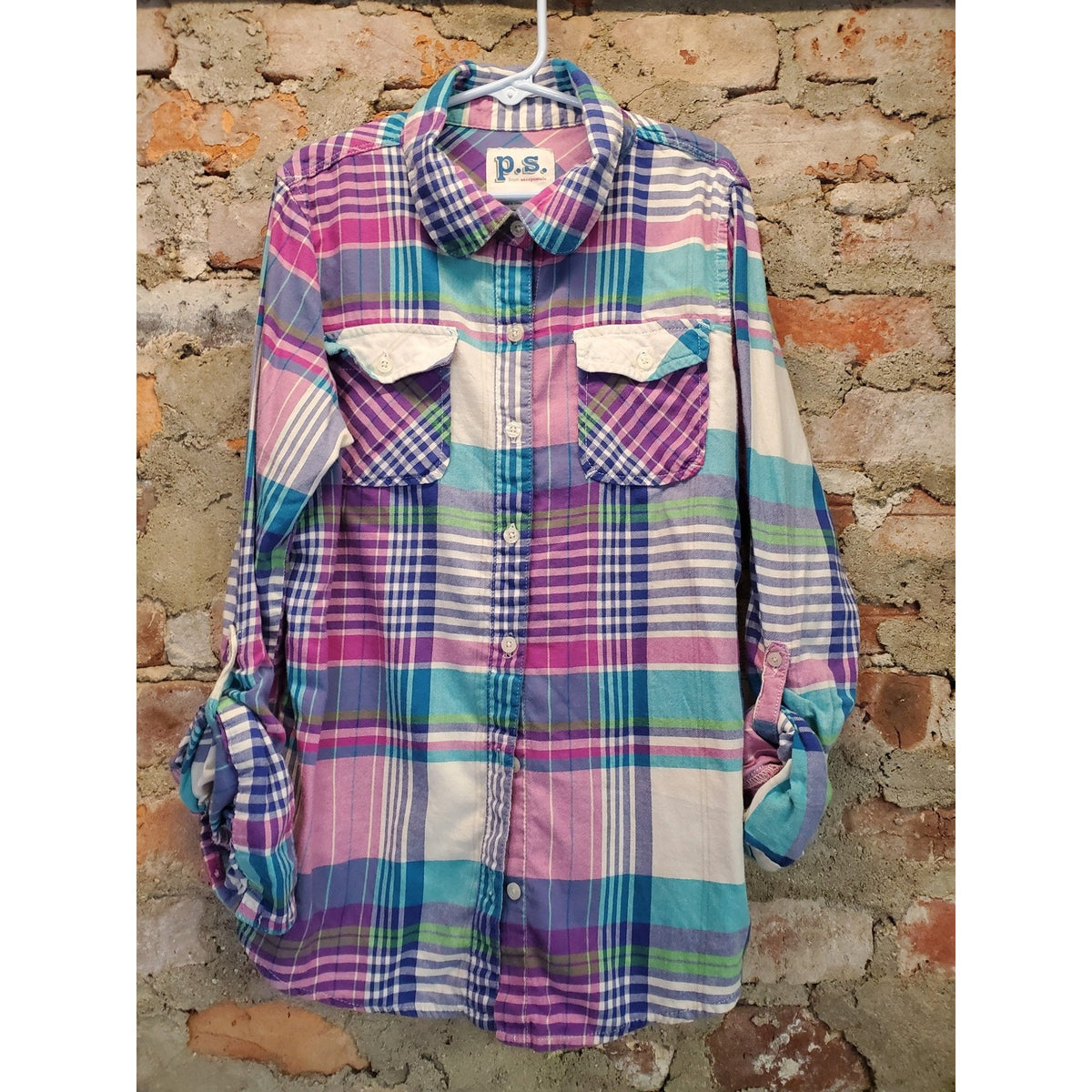 PS Aeropostale Girls Plaid Button Up Shirt 14 Multicolor Roll Tab Long Sleeve