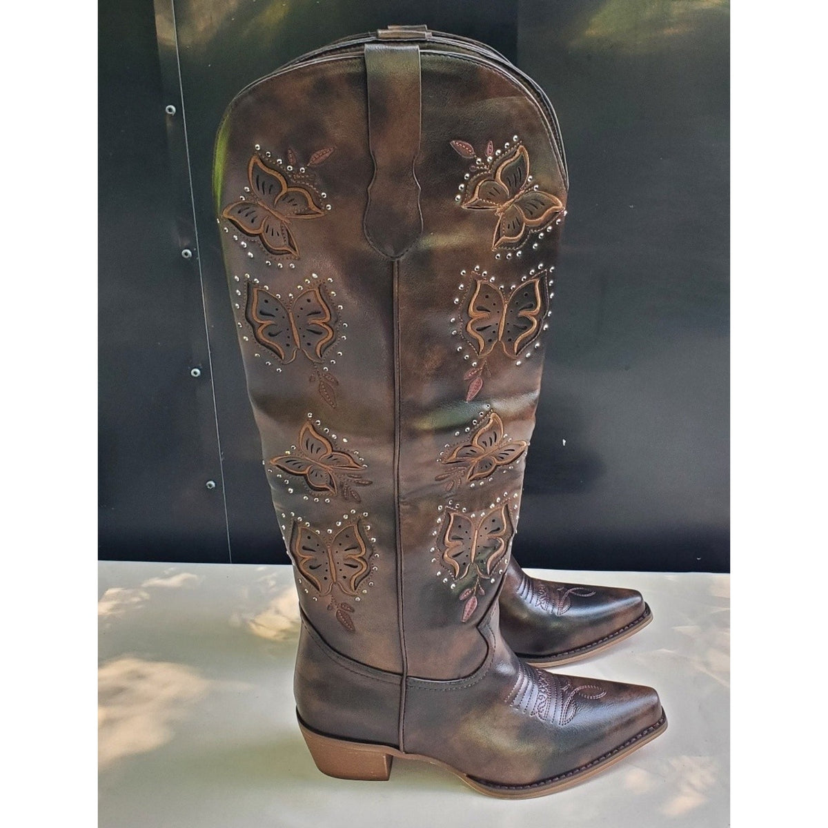 EASYFOX Womens Cowboy Boots Knee High 8.5 Dark Brown Butterfly Embroidered