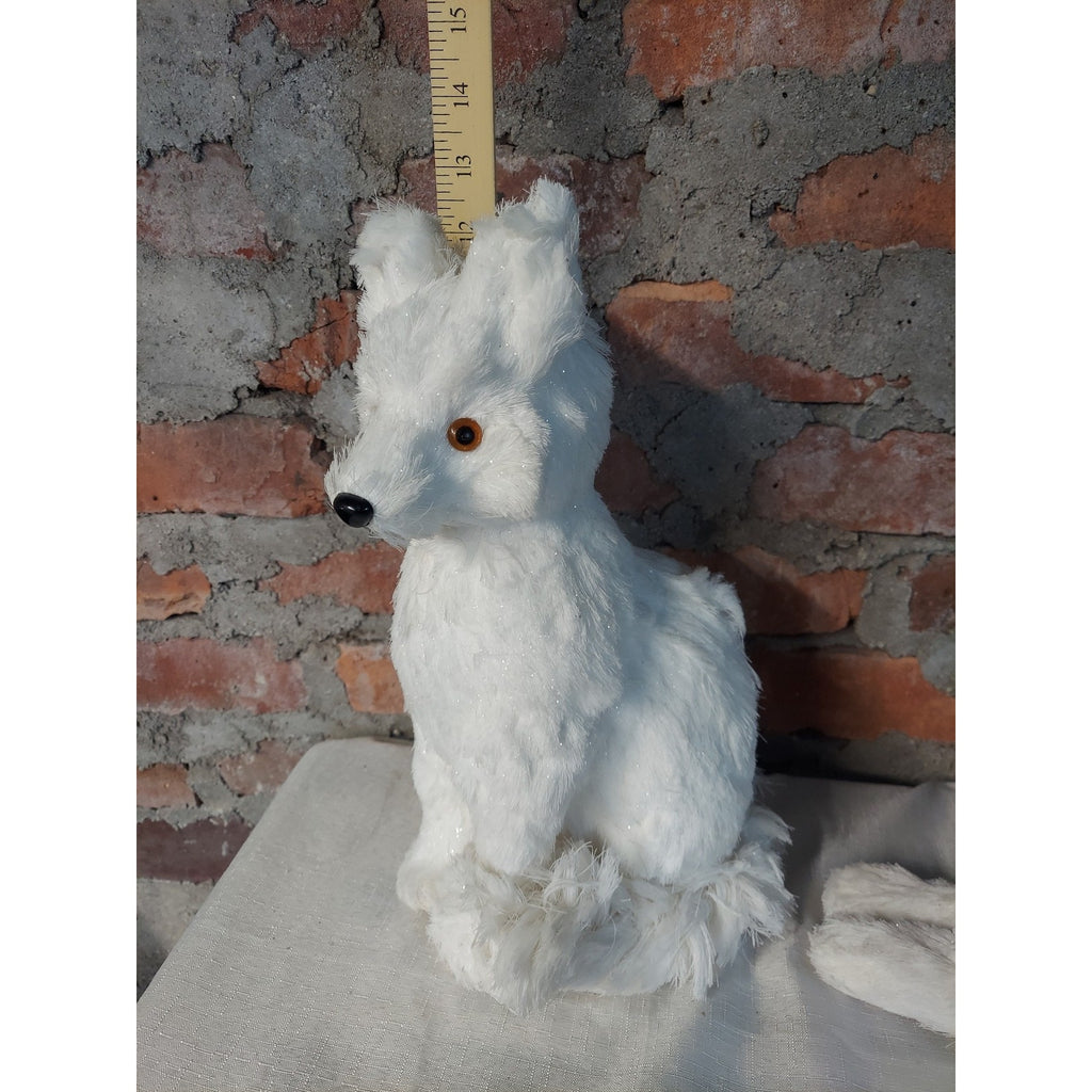 White Fox Squirrel Faux Fur Animal Figures Lot 3 Winter Holiday Decor Glitter