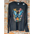 Womens Long Sleeve T Shirt Top S Small Black Butterfly Floral Graphic