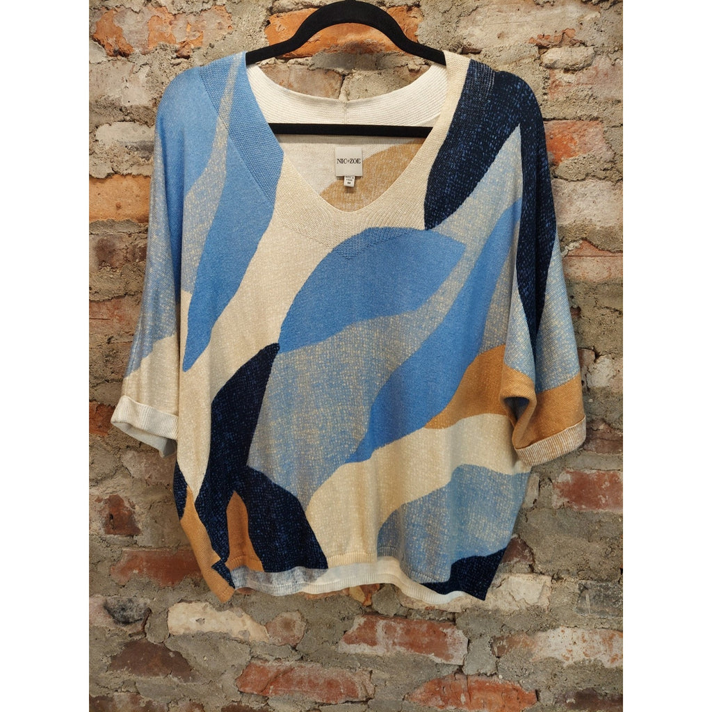 NIC+ZOE Womens M V Neck Dolman Sleeve Abstract Pattern Knit Top Multicolor