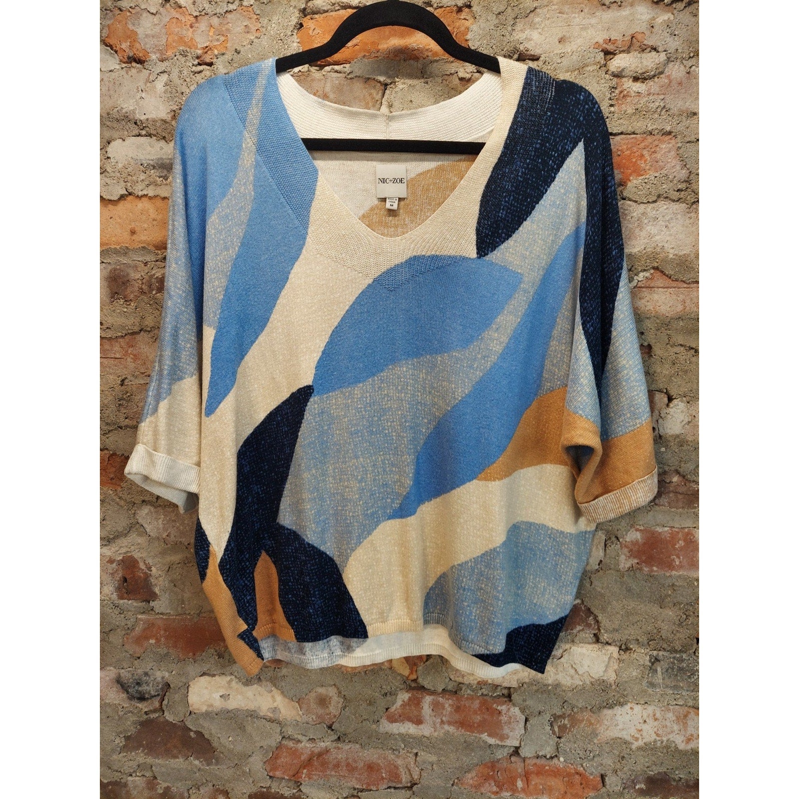 NIC+ZOE Womens M V Neck Dolman Sleeve Abstract Pattern Knit Top Multicolor