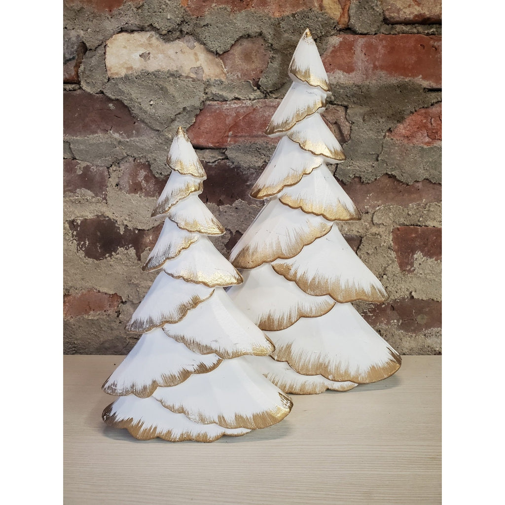 Christmas Trees Set 2 White Gold Wood Tiered Tabletop Holiday Decor Farmhouse
