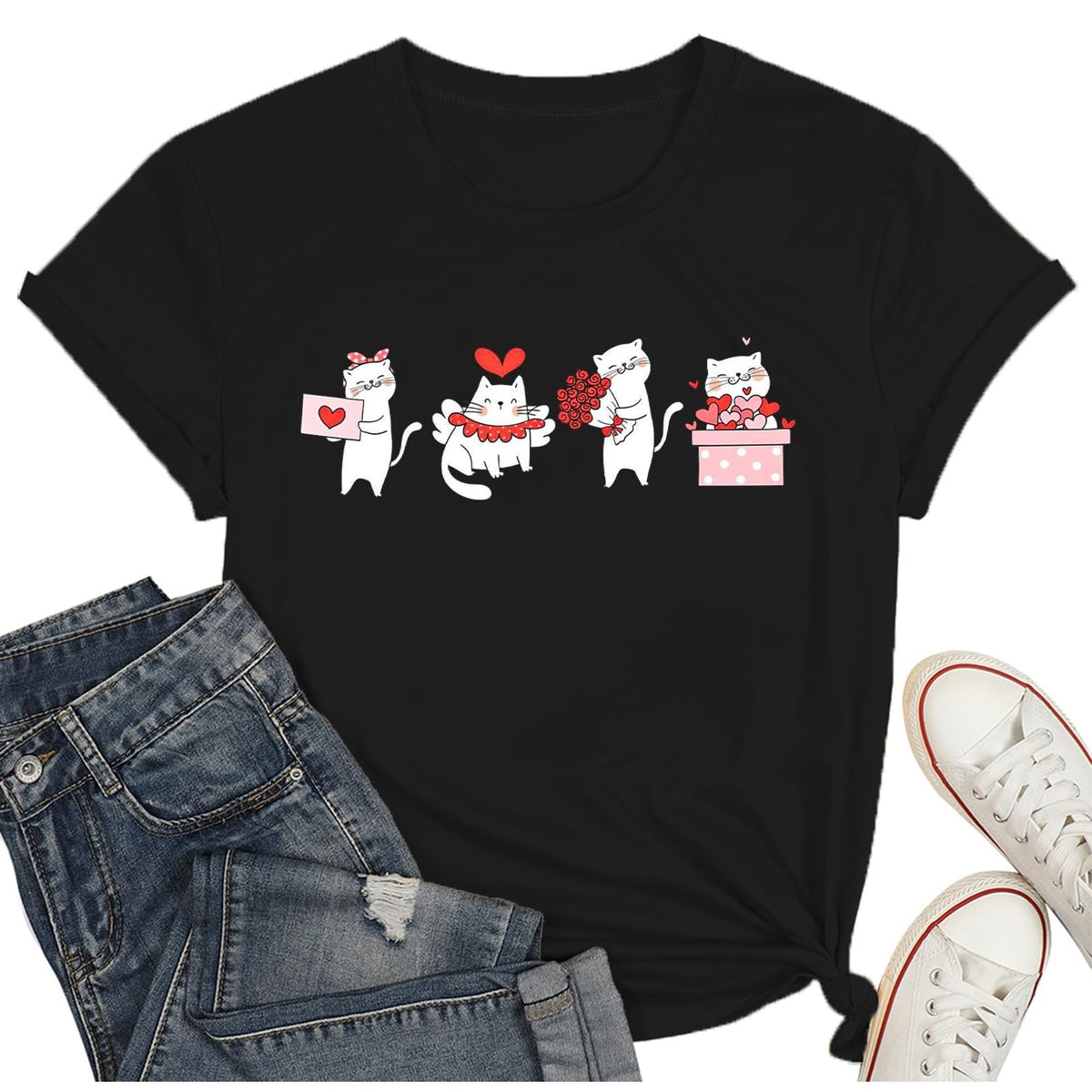 Womens Valentine Cats Graphic T Shirt XL Black Hearts Valentines Day Tee