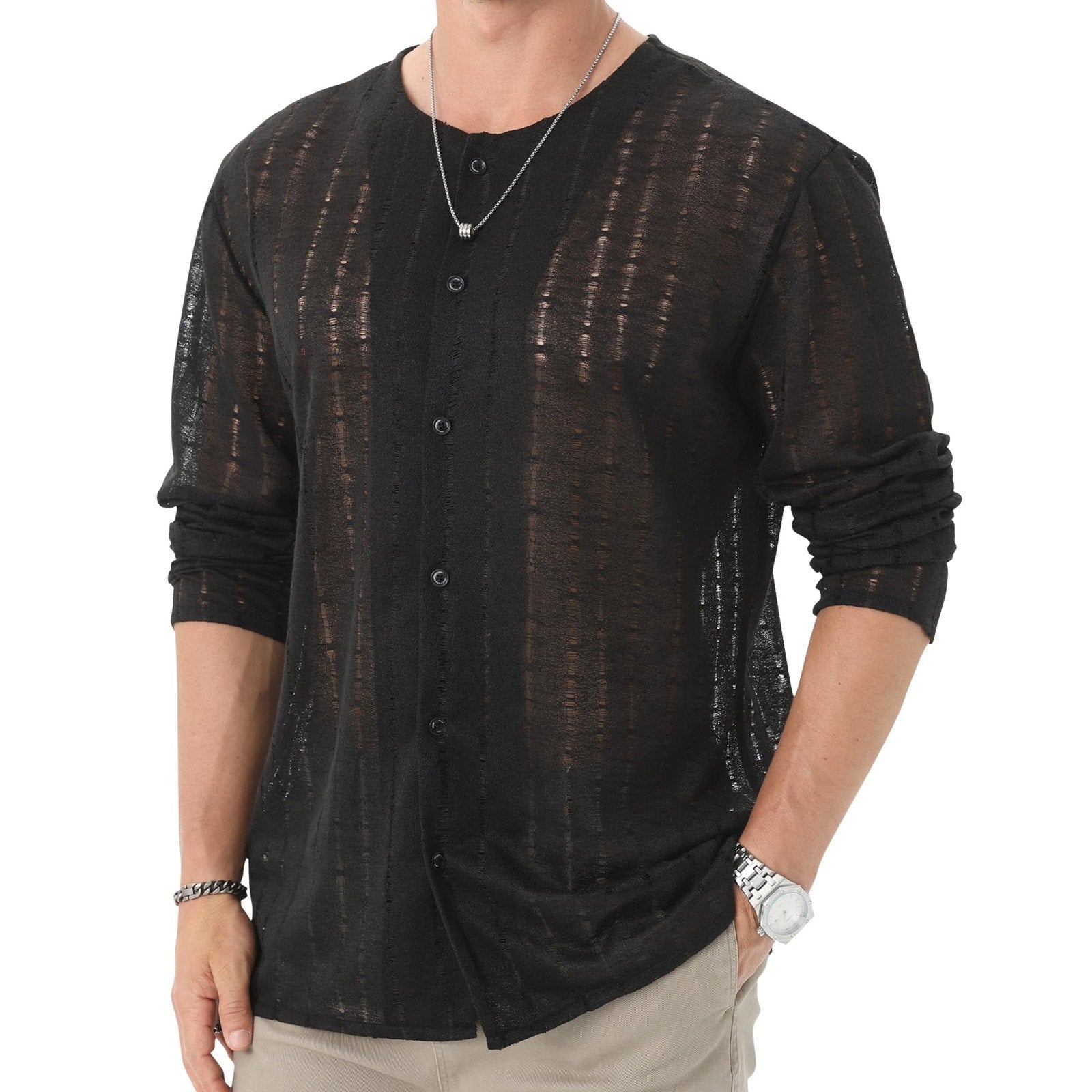 Mens Sheer Knit Button Up Shirt 7XL Black Long Sleeve New Casual