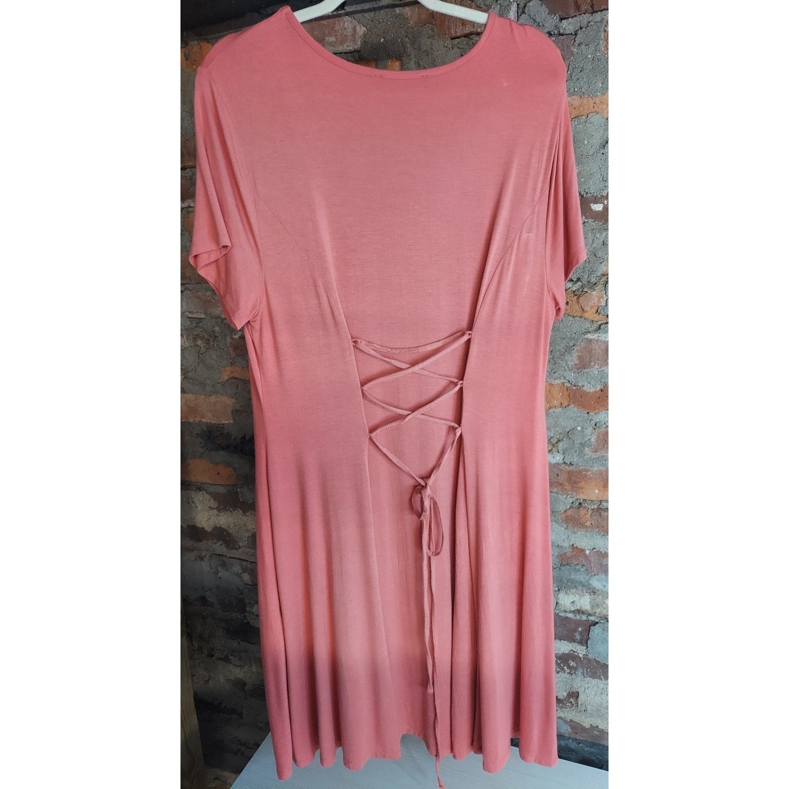 Forever 21+ Womens Plus Size Dress 2X Peach Short Sleeve Lace Up Back