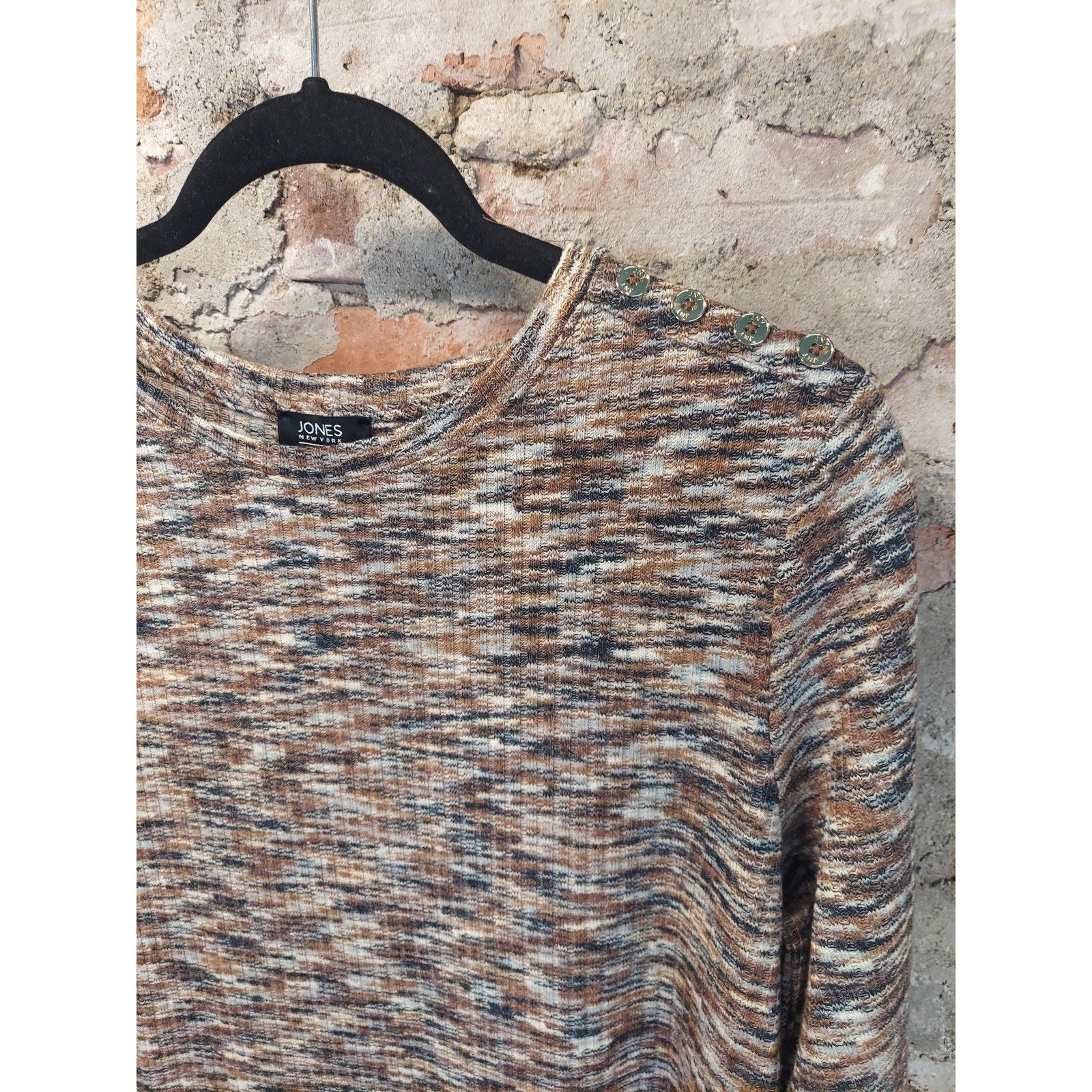 Jones New York Womens Top L Multicolor Ribbed Knit 3/4 Sleeve Button Shoulder