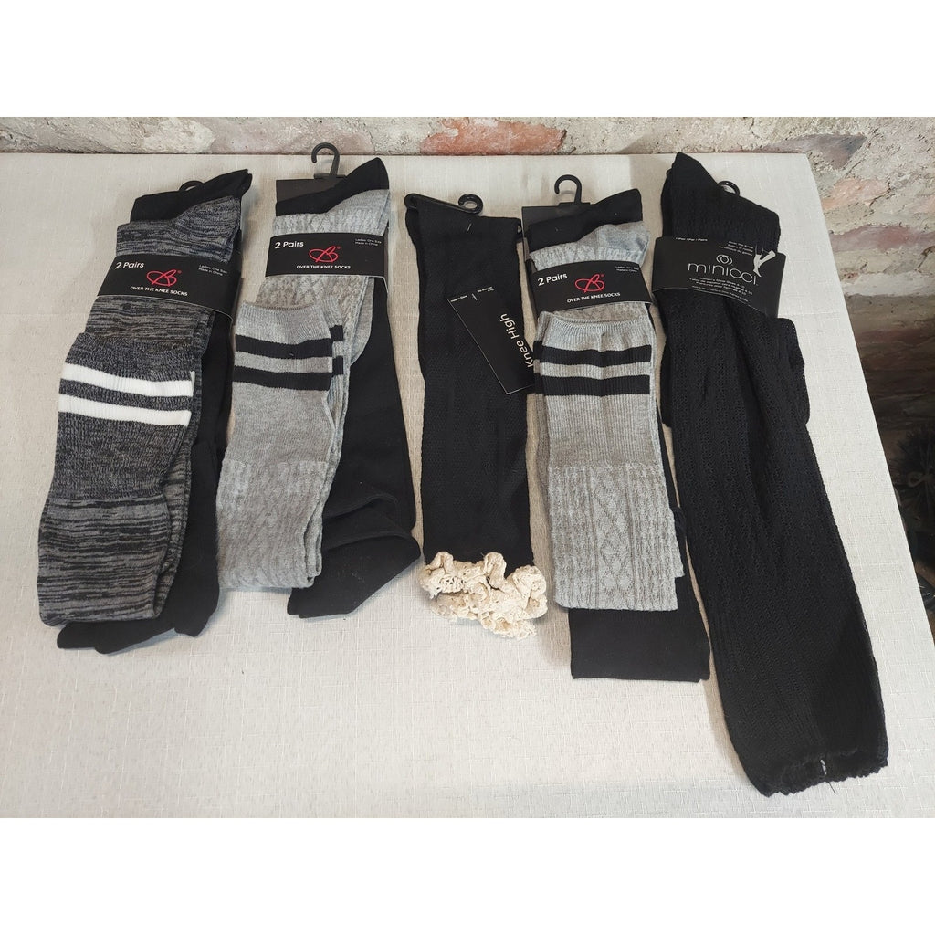 Womens Socks Lot 5 Pairs Over Knee High Black Gray Striped Lace Top Shoe Size